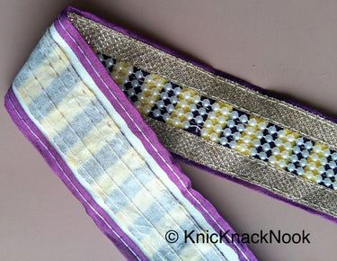 Mauve, Yellow, Silver And White Trim With FlatBack Beads Lattice On Velvet Fabric Trim
